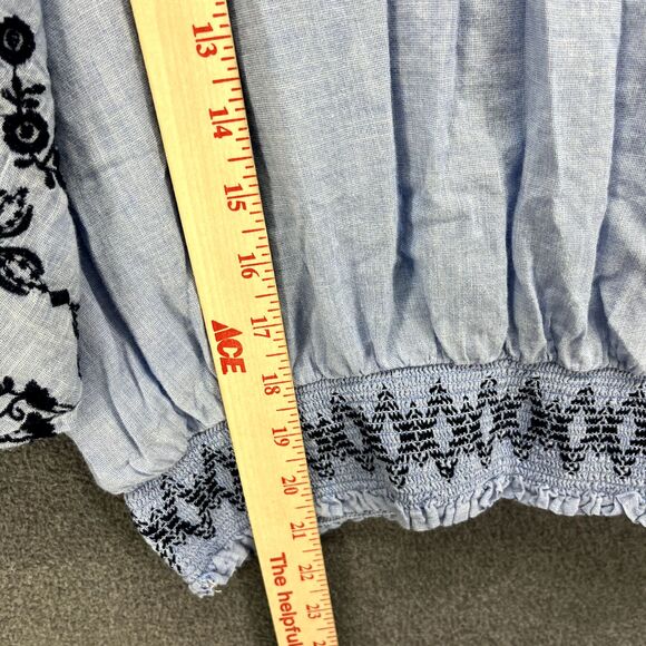 Gap Top women Medium Blue Puff Sleeves boat neck Floral embroidered Crop Blouse - Picture 7 of 14